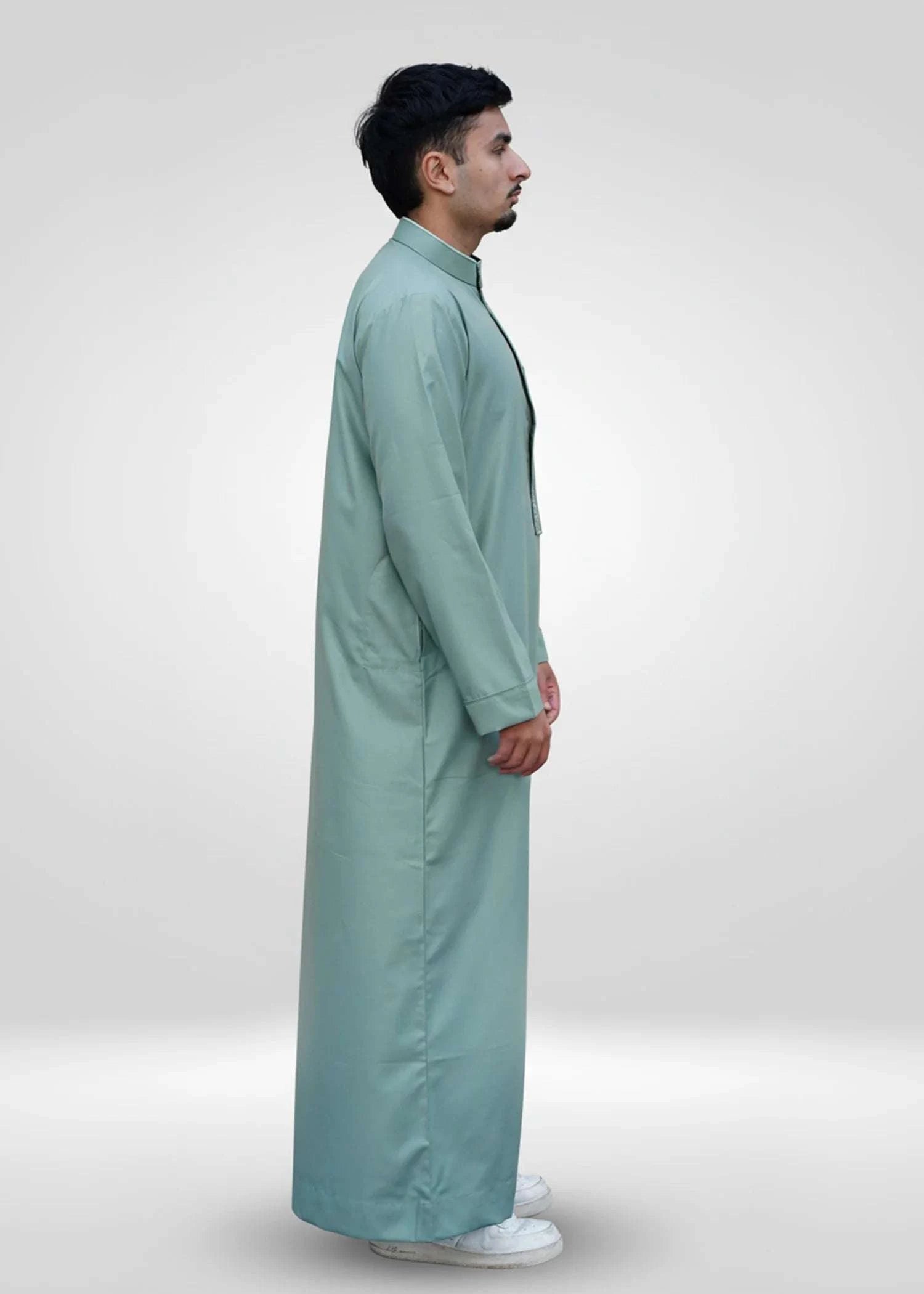 Sage green embroidered thobe with mandarin collar for men, embroidery shown in close detail