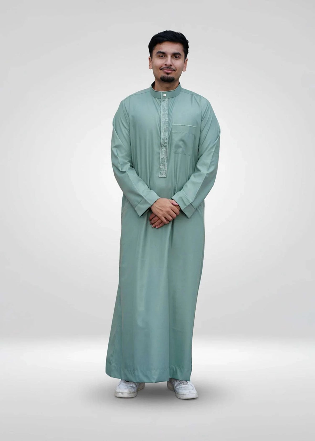 Sage green embroidered thobe with mandarin collar for men, full front view