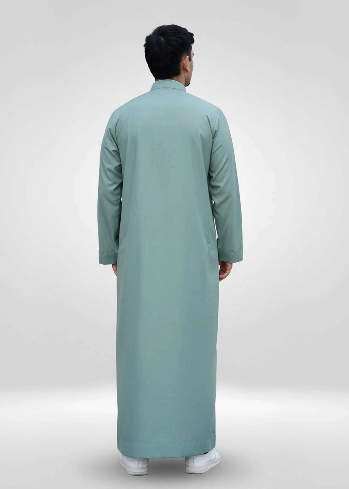 Sage green embroidered thobe with mandarin collar for men, buttoned placket in close detail