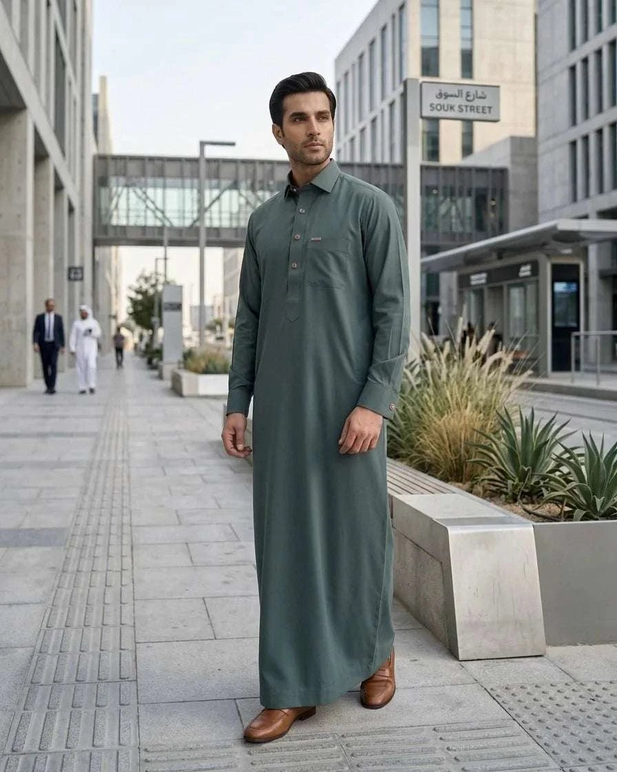 Sage green executive thobe with shirt collar for men, close-up of the finish