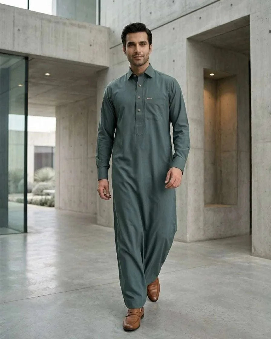 Sage green executive thobe with shirt collar for men, full front view