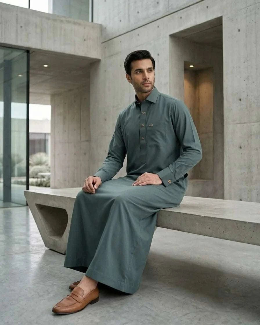 Sage green executive thobe with shirt collar for men, length and sleeve line