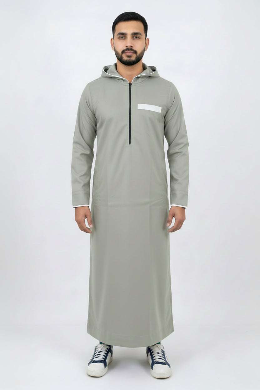 Sage green hooded thobe with sporty half-zip for men, full front view