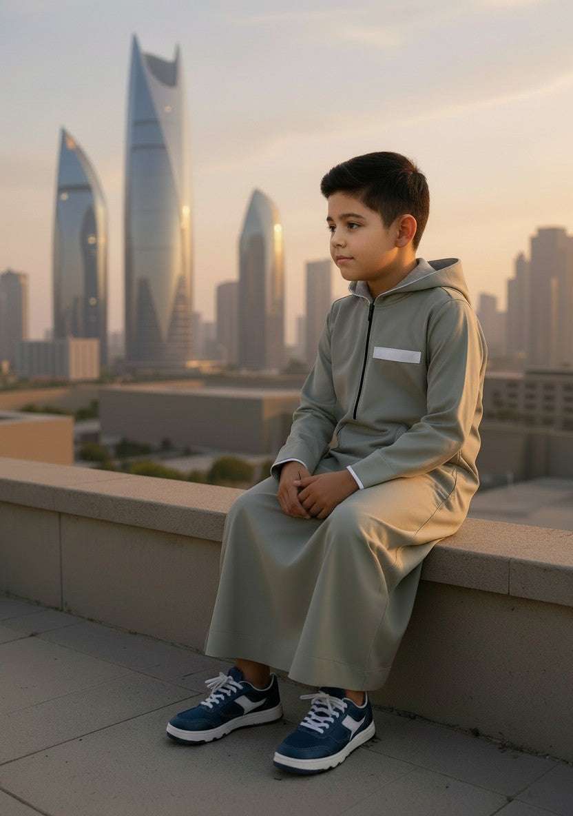 Sage green hooded thobe with sporty half-zip for boys, hood and drawstring in detail