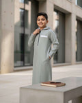 Boys' Sage Green Hooded Thobe – Sporty Half-Zip