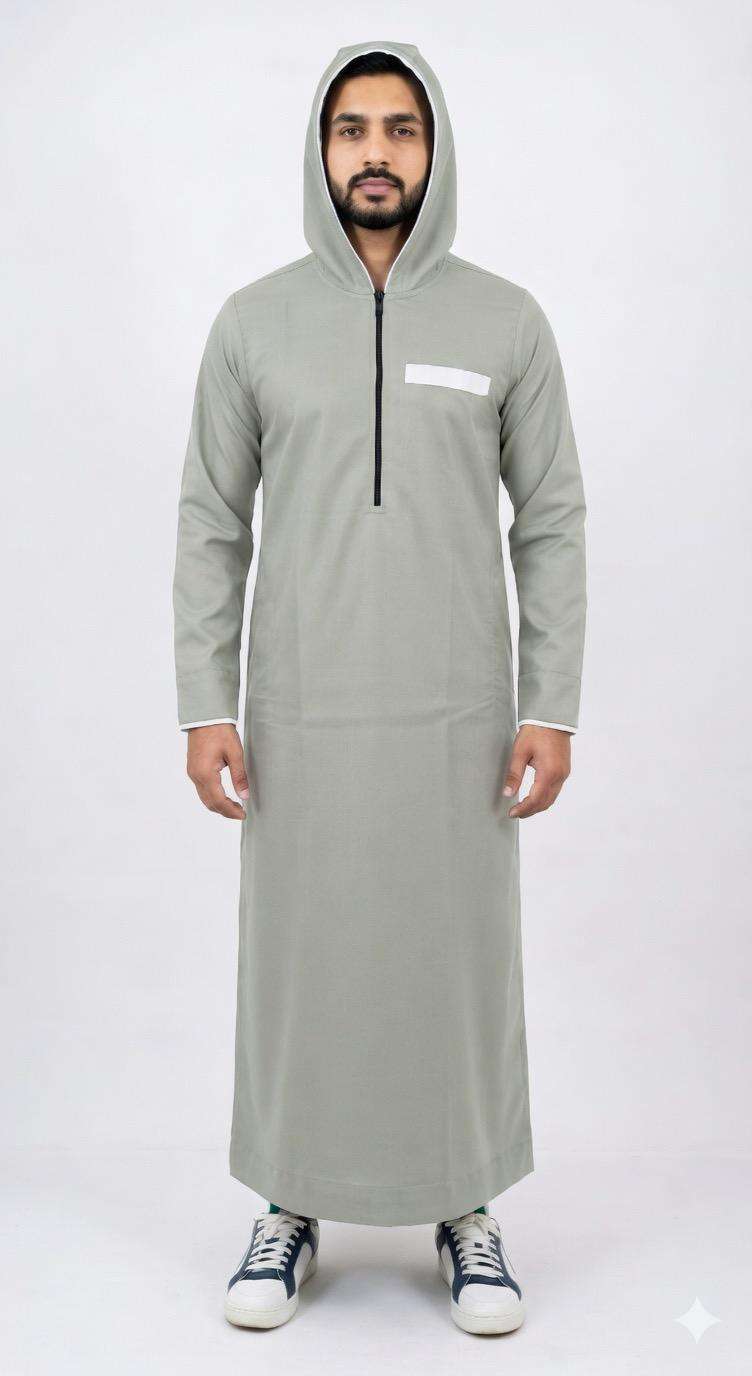 Sage green hooded thobe with sporty half-zip for men, hood and zip detail