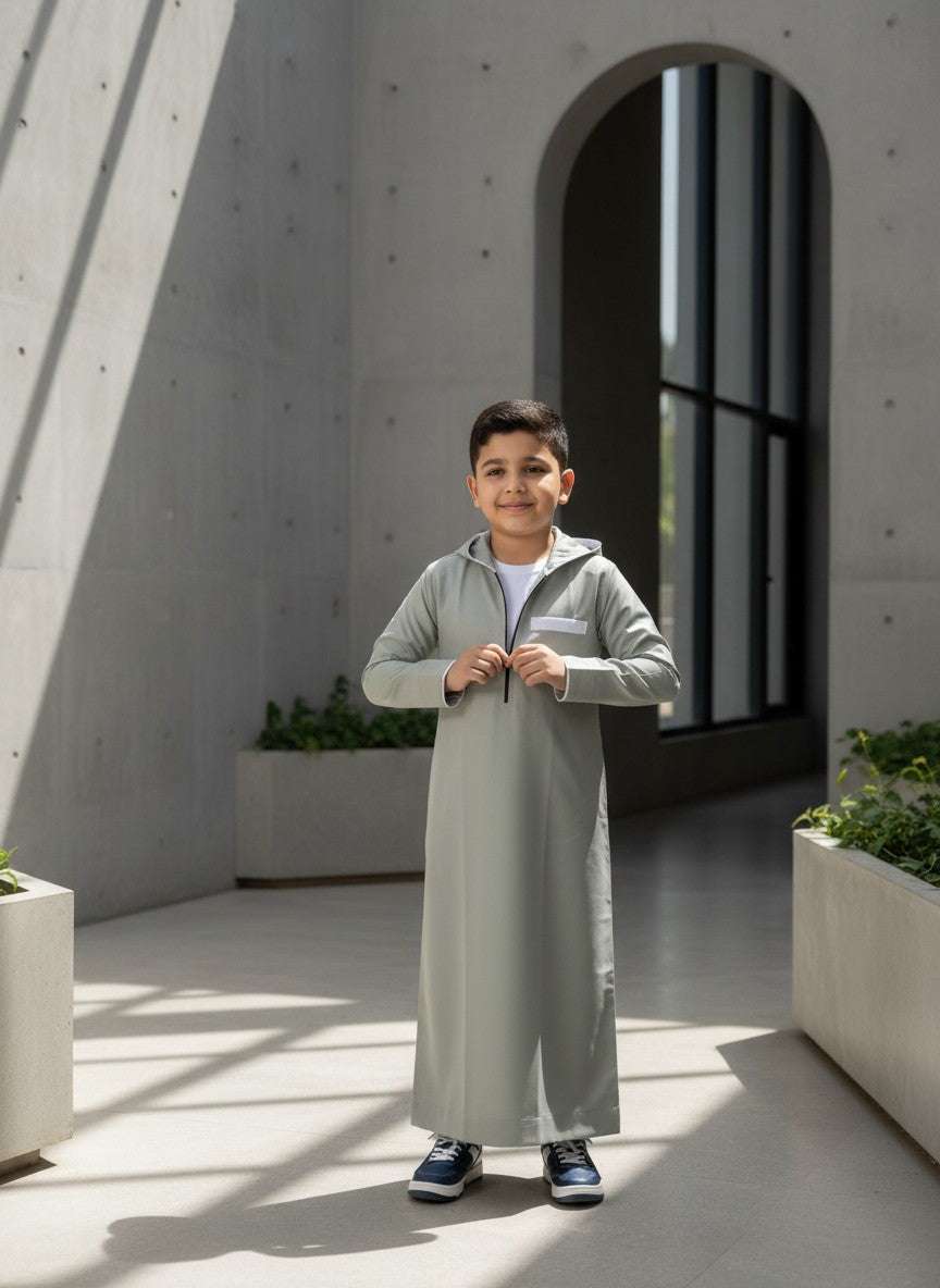 Sage green hooded thobe with sporty half-zip for boys, worn by a model outdoors
