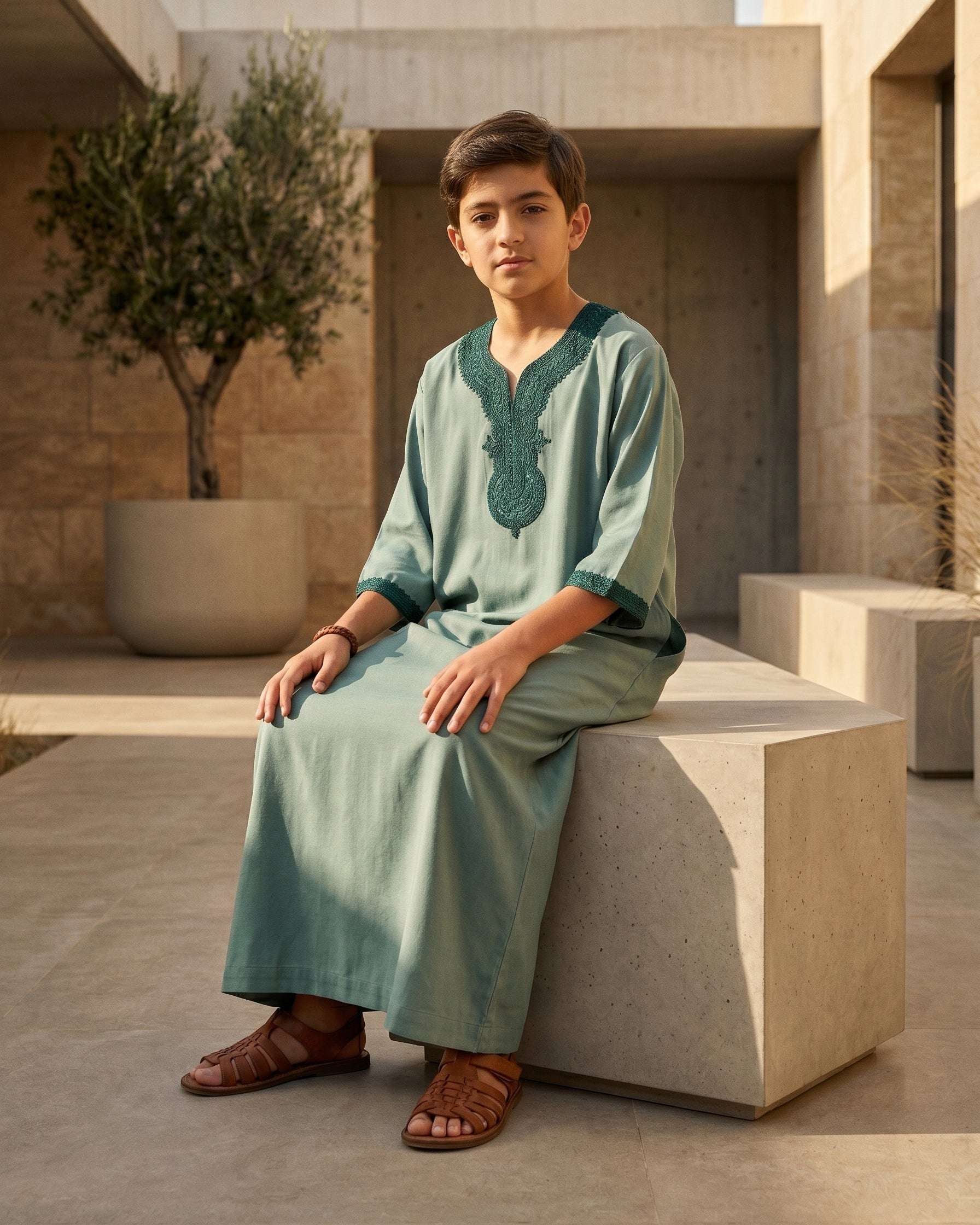 Sage green Moroccan gandora for boys, close-up of the embroidered detailing