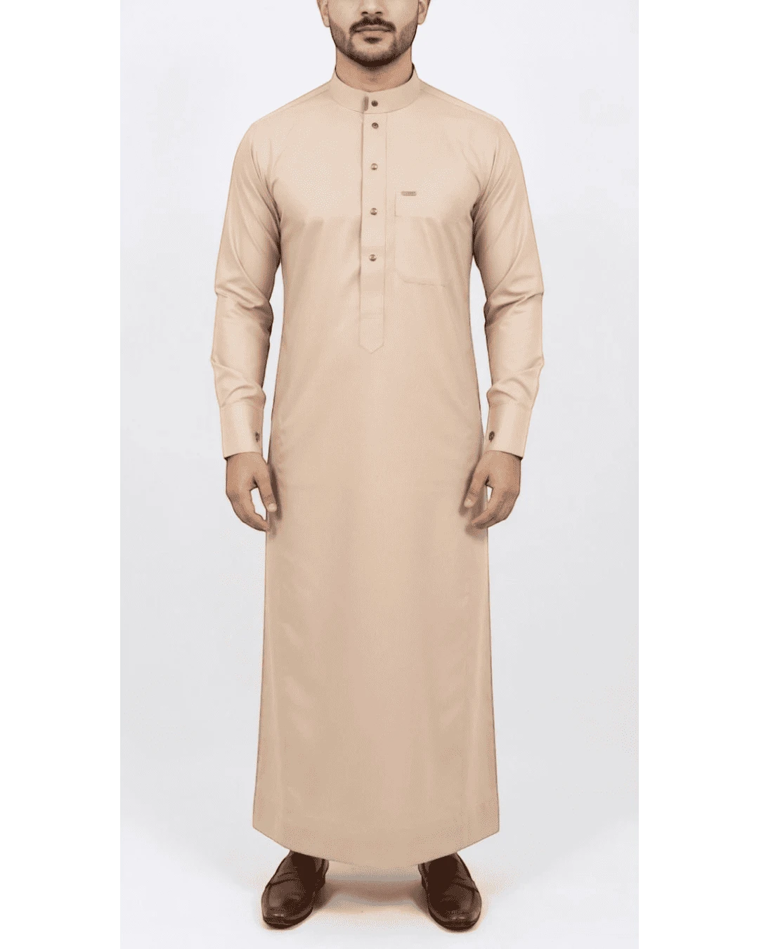 Sand beige thobe with button-down placket for men, full front view