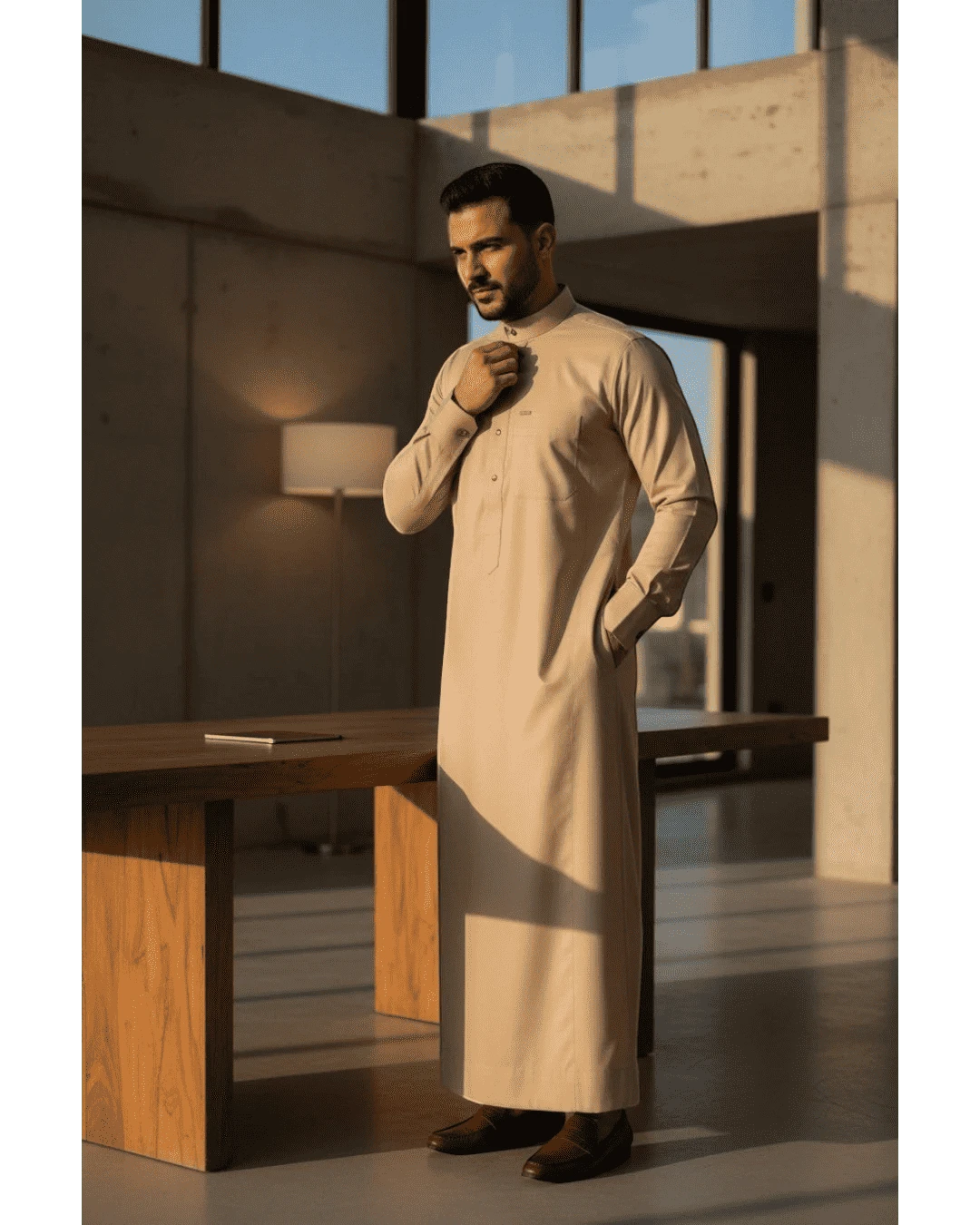 Sand beige thobe with button-down placket for men, detail of the stitched seams