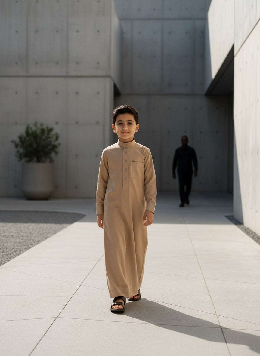 Sand beige jubba for boys, back view, made for Eid and Jumuah