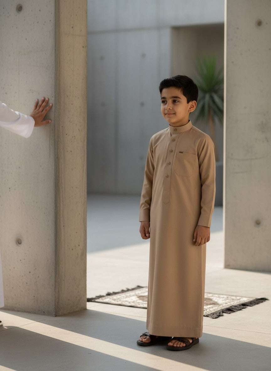 Sand beige jubba for boys, another view of the full length