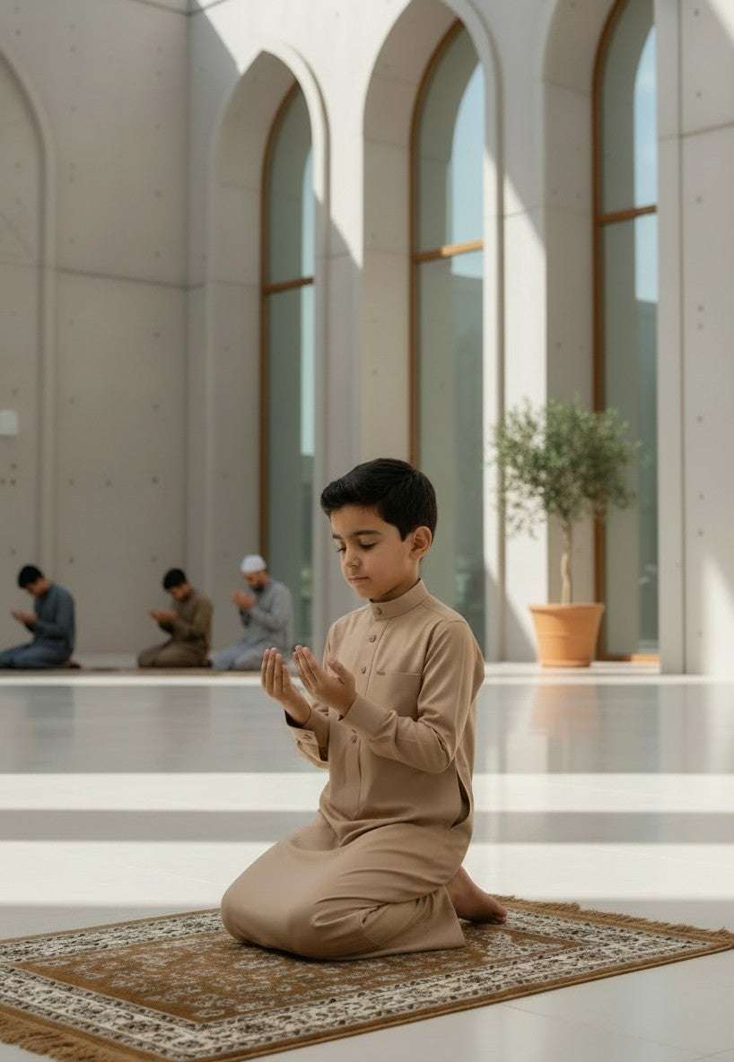 Sand beige thobe for boys, side profile view