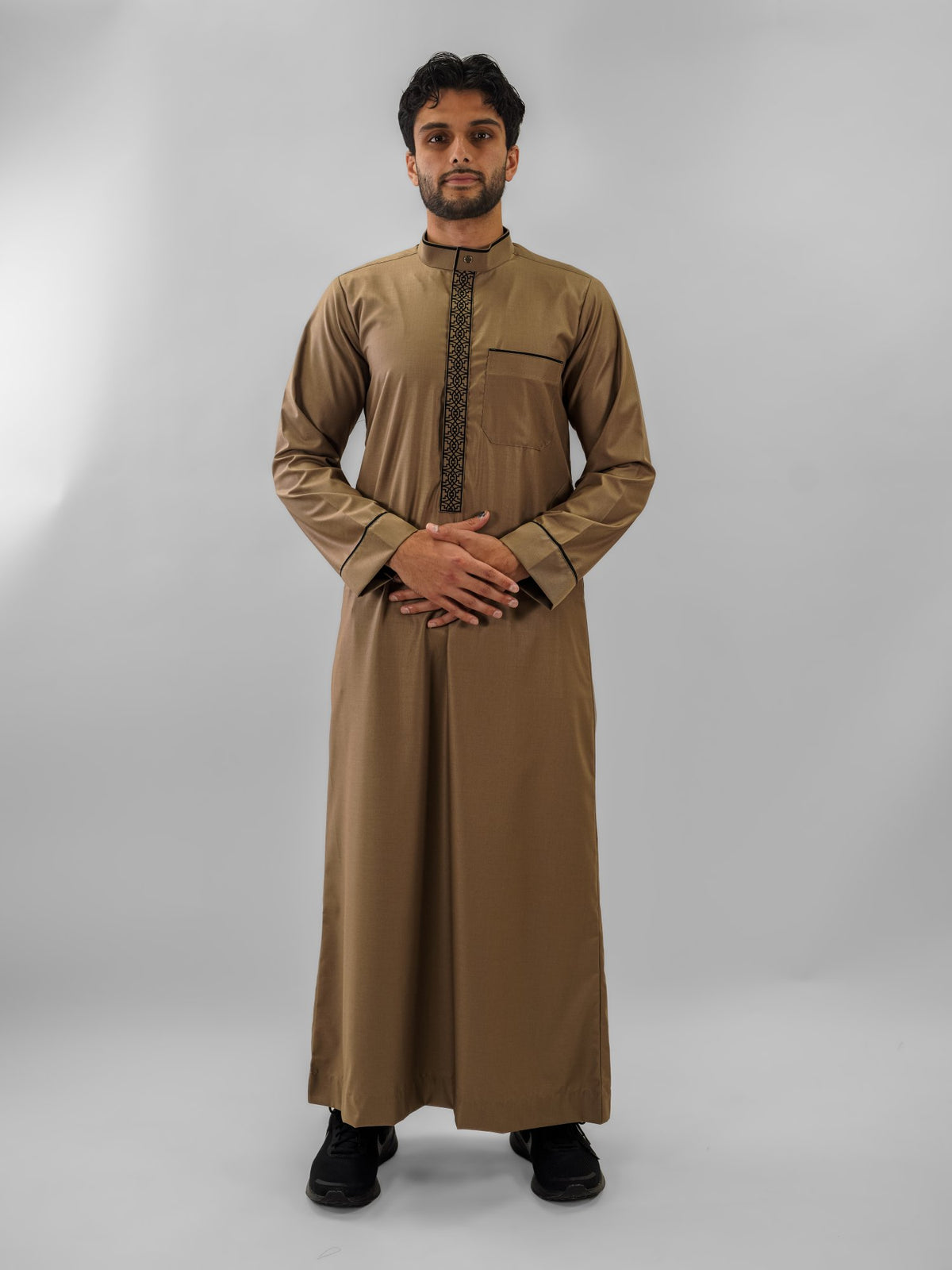 Sand beige honeycomb texture thobe for men, close-up of the fabric