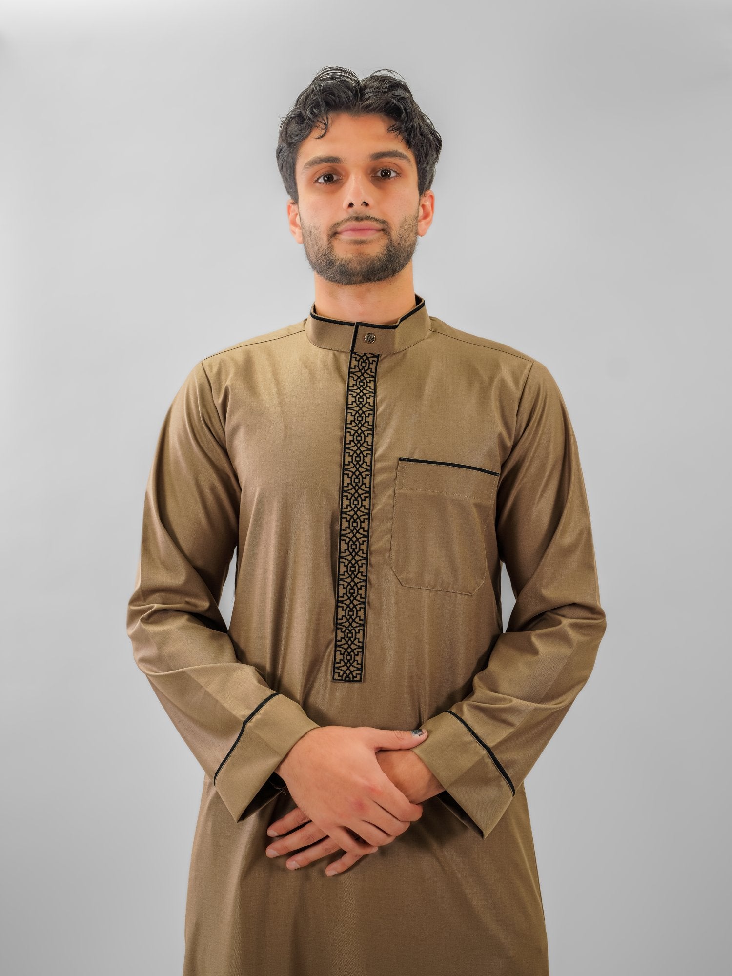 Sand beige honeycomb texture thobe for men, another view of the full length