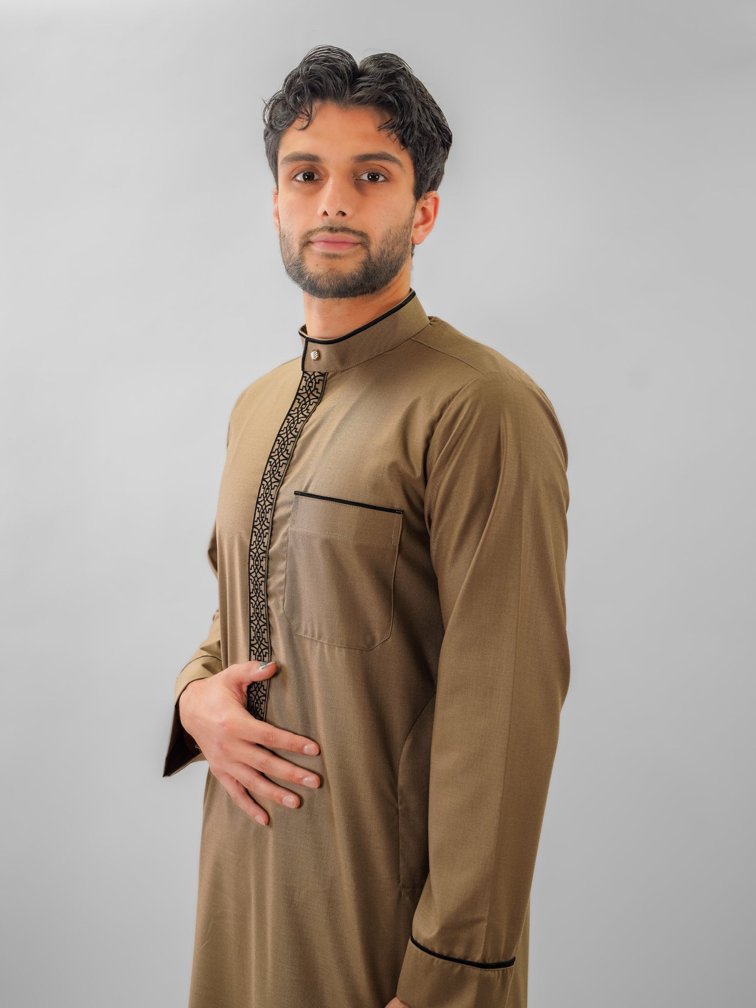 Sand beige honeycomb texture thobe for men, stitched pattern in close detail