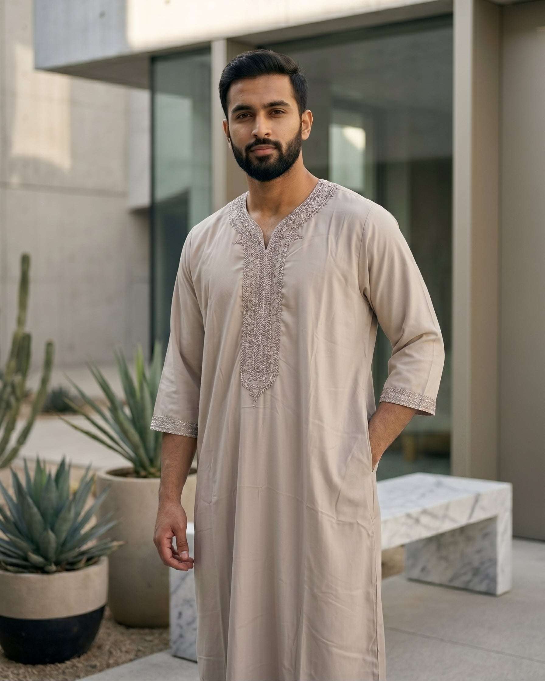 Sand beige Moroccan gandora with three-quarter sleeves for men, full front view