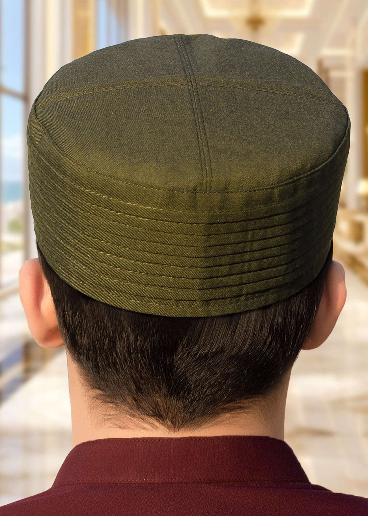 Shahanshah structured kufi prayer cap for men, shown from the side