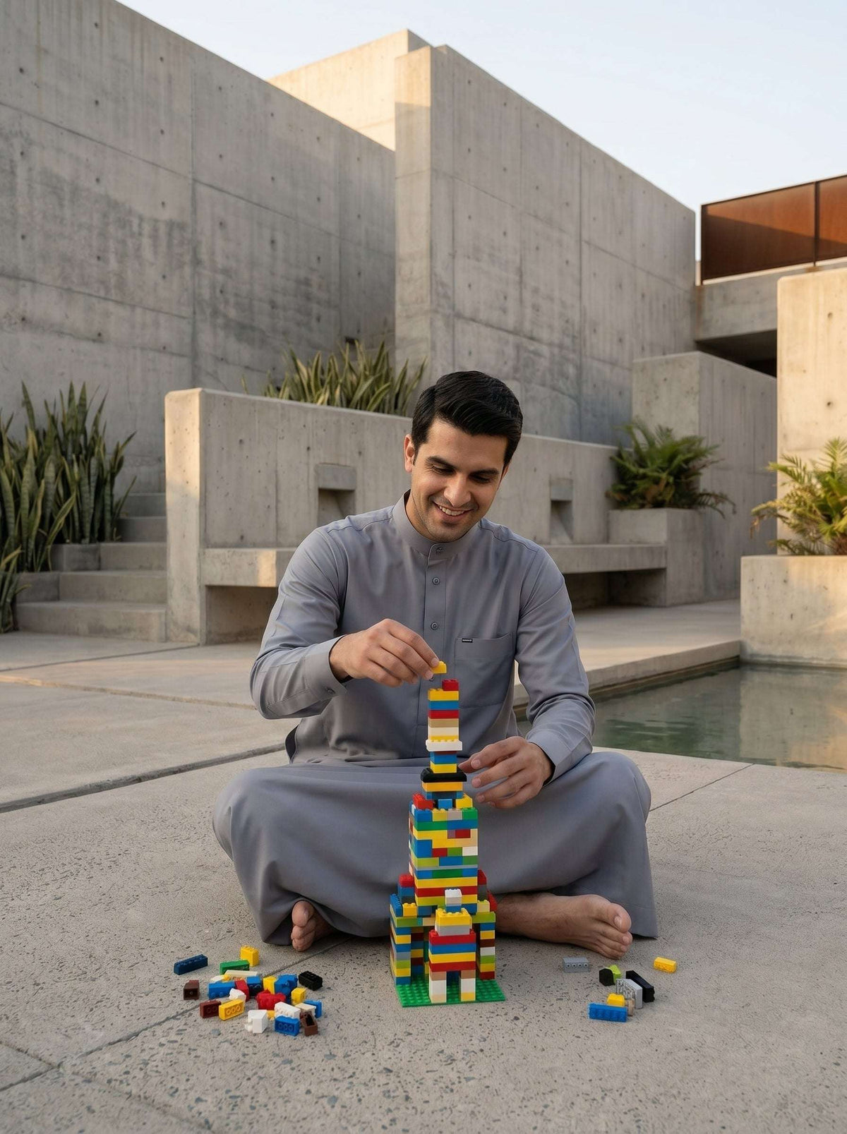 Silver gray thobe with button-down placket for men, close-up of the collar and buttons