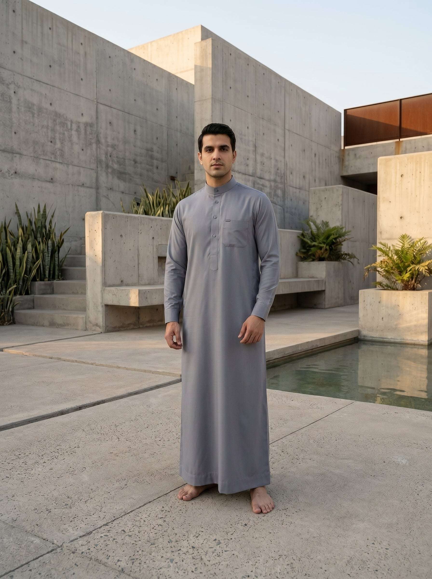 Silver gray thobe with button-down placket for men, shown from the front