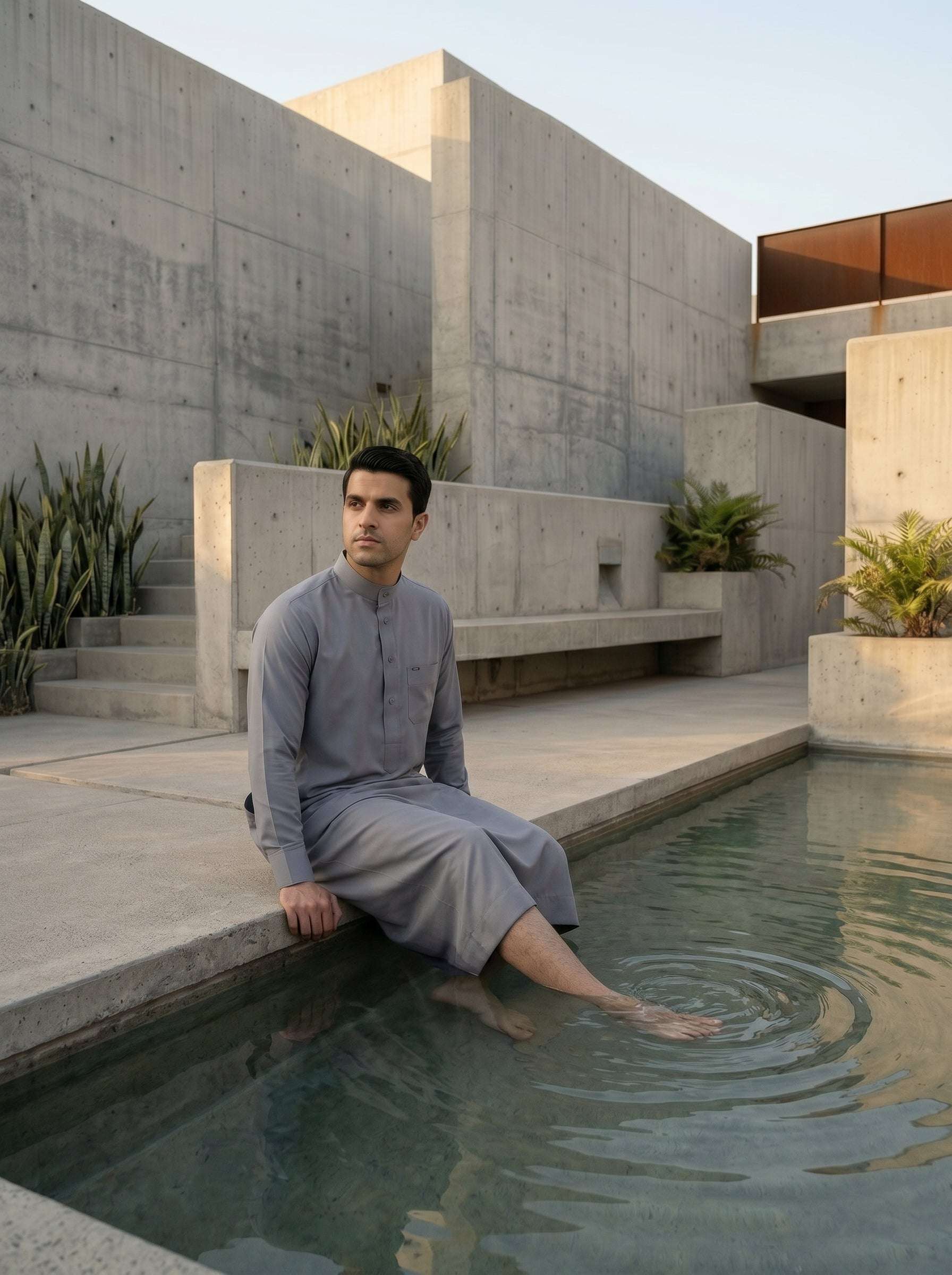 Silver gray thobe with button-down placket for men, side profile view