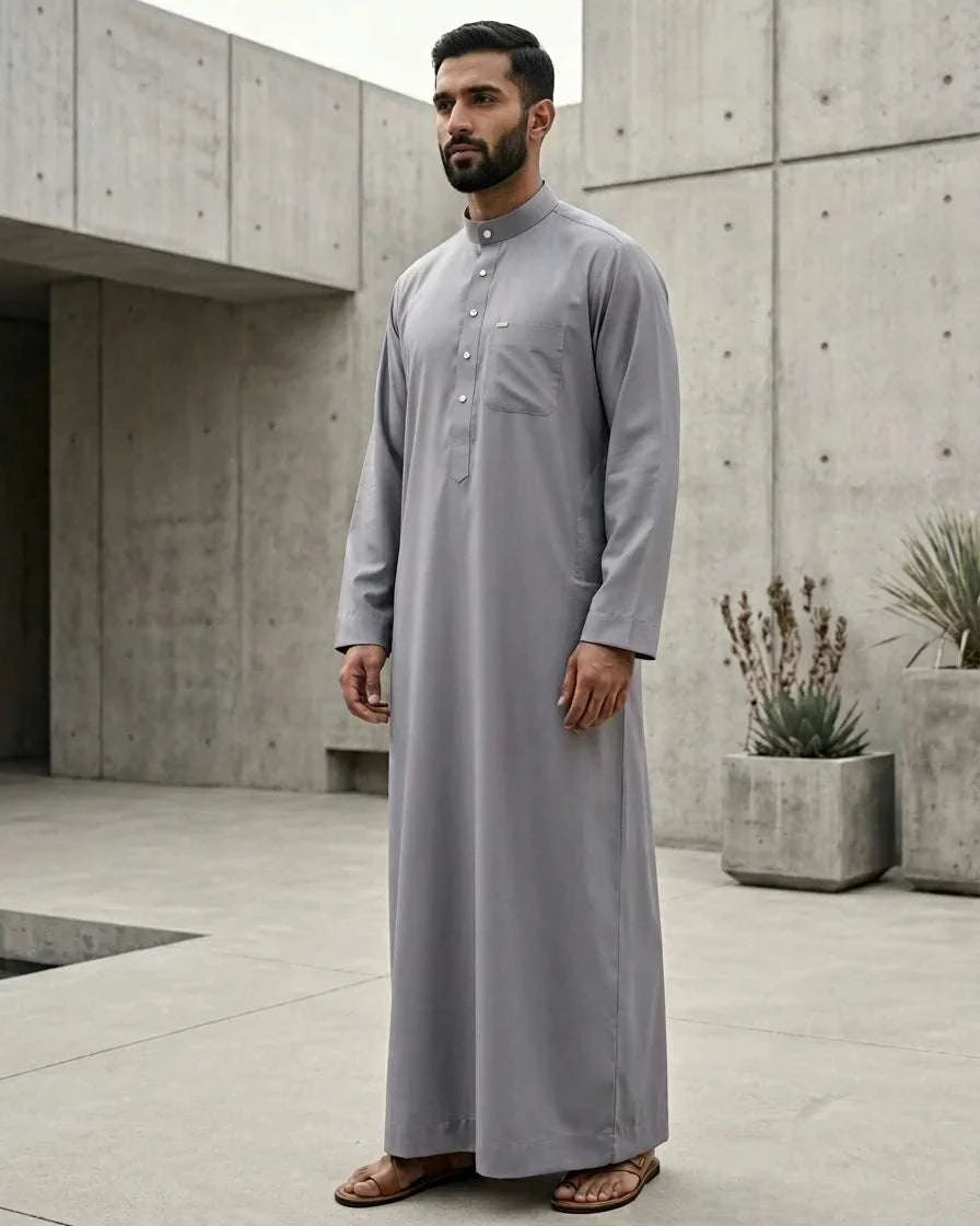 Silver grey executive thobe with mandarin collar for men, length and sleeve line