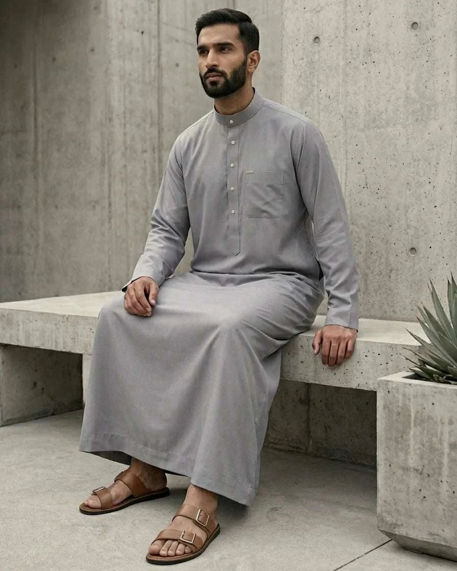 Silver grey executive thobe with mandarin collar for men, buttoned placket in close detail
