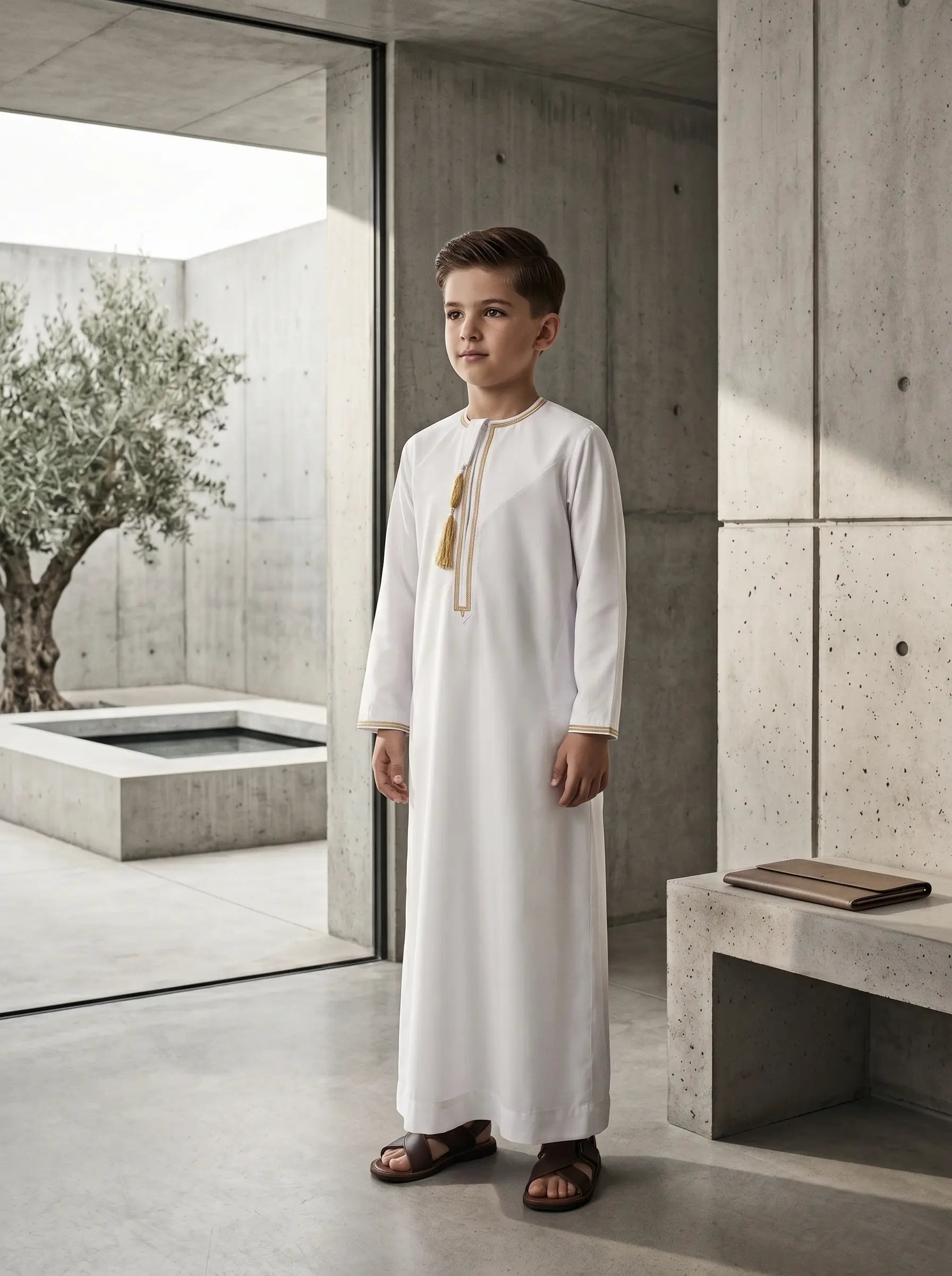 Premium White Emirati Thobe for Kids with Tarboush