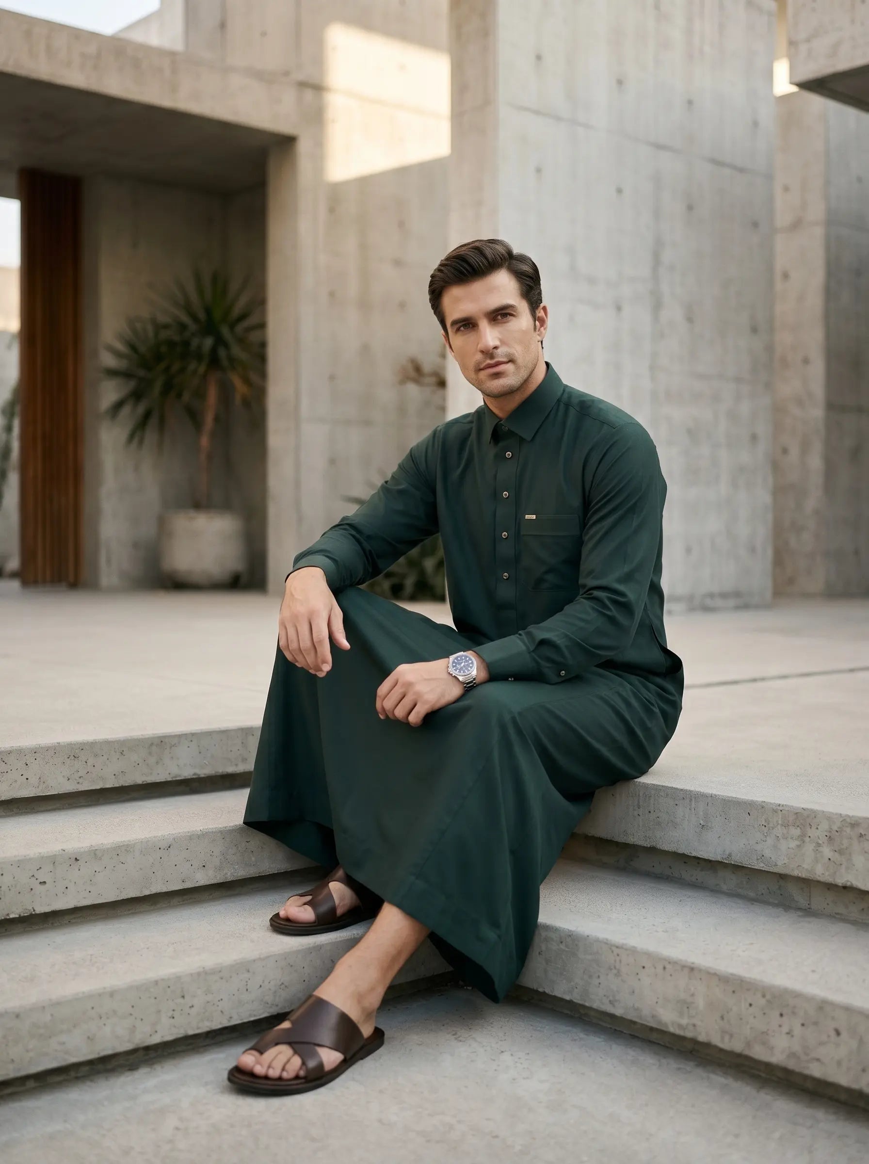 Premium Executive Forest Green Thobe with Shirt Collar