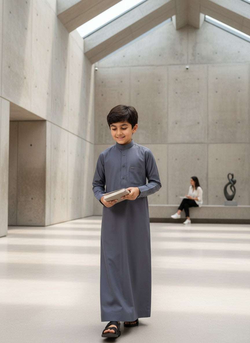 Slate blue jubba for boys, back view, made for Eid and Jumuah