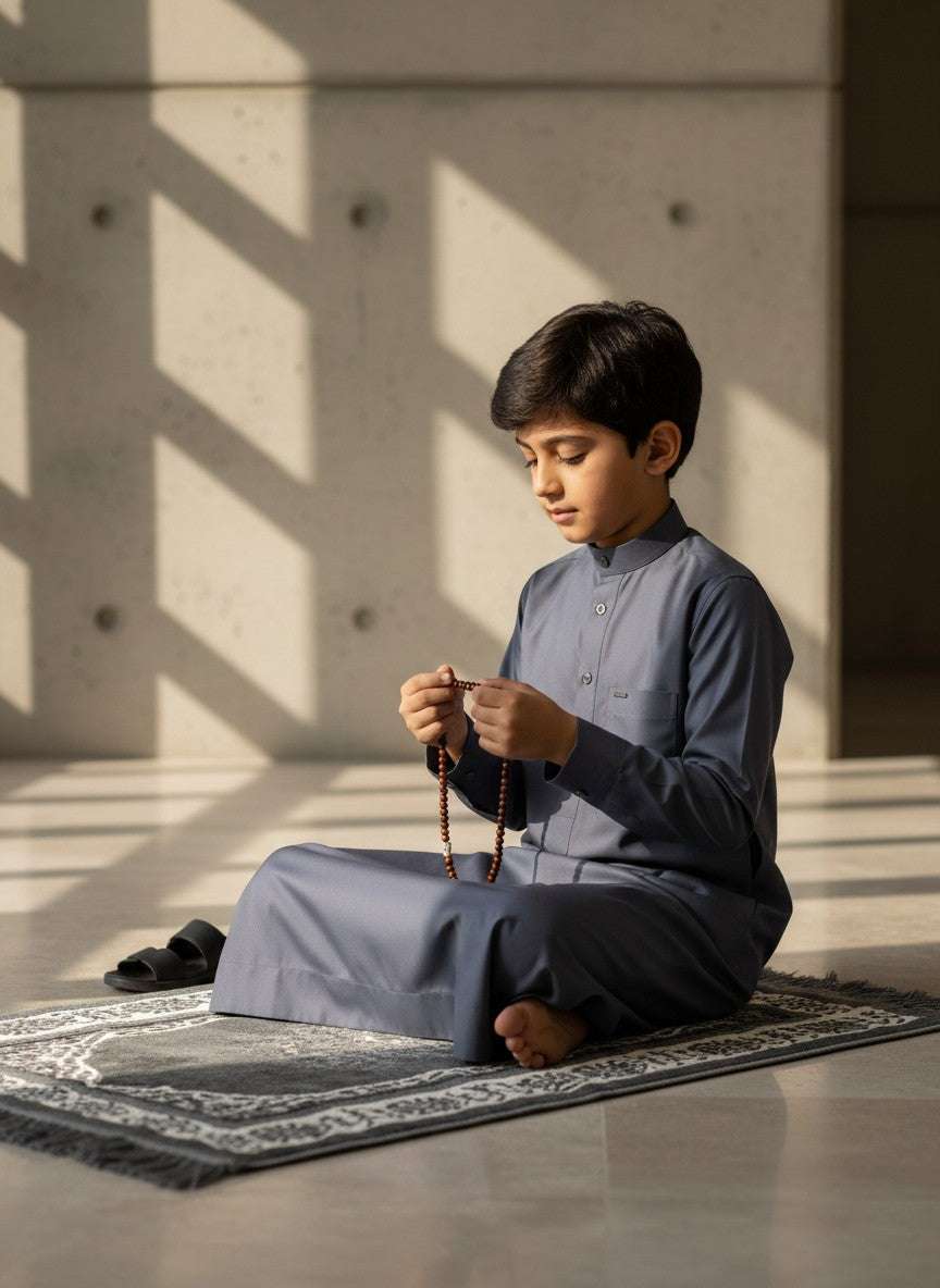 Slate blue thobe for boys, close-up of the fabric