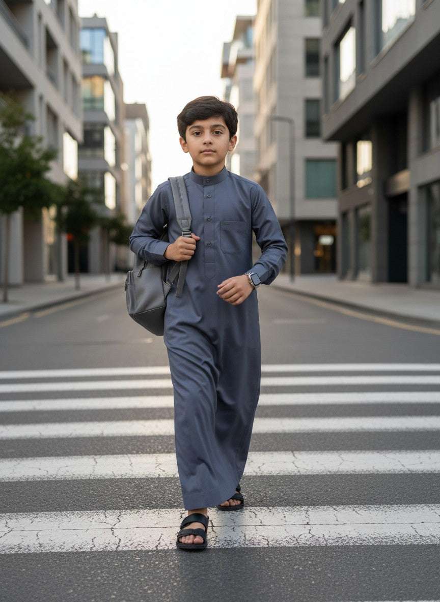Slate blue jubba for boys, shown from the front