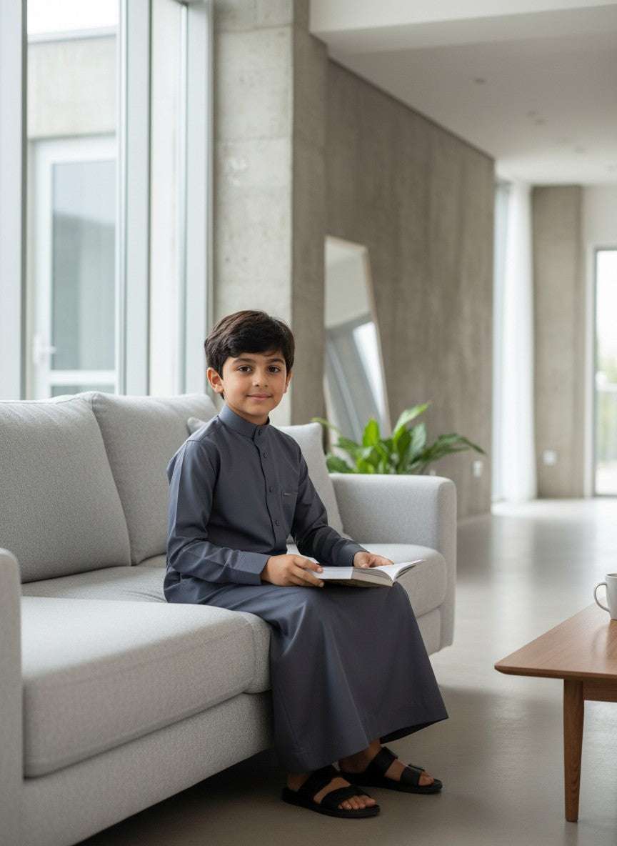 Slate blue thobe for boys, side profile view