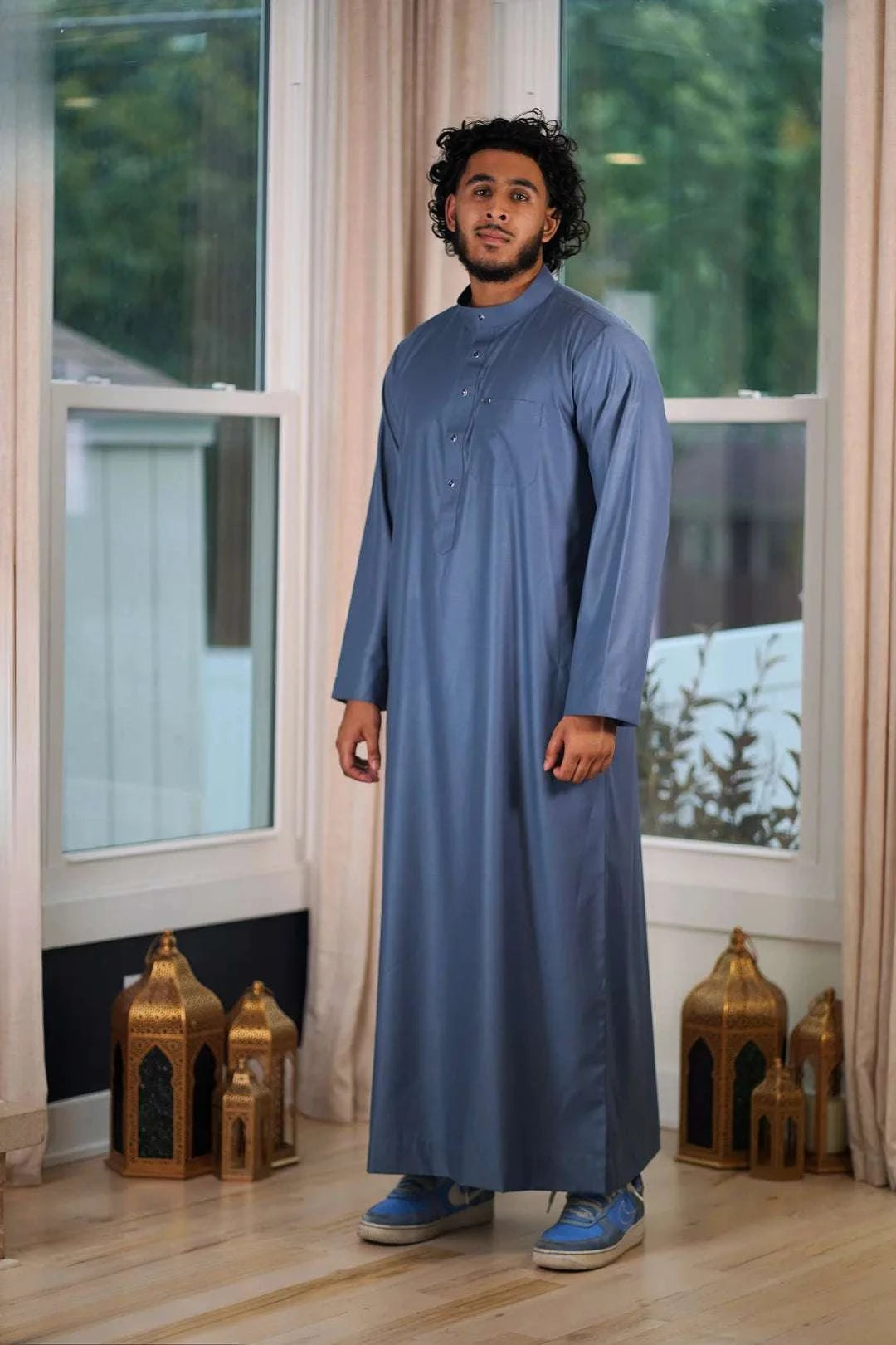Slate blue thobe with everyday mandarin collar for men, full front view
