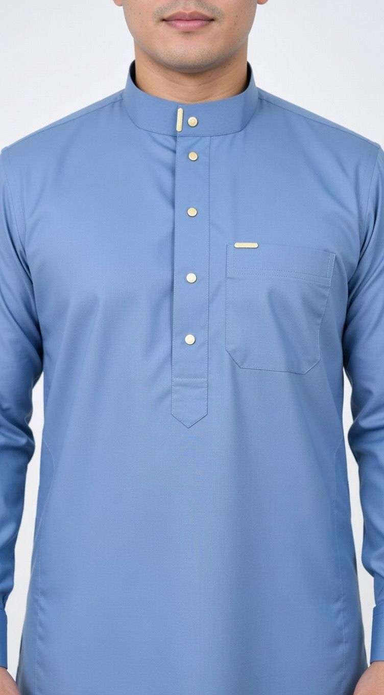 Slate blue thobe with formal button-down for men, close-up of the collar and buttons