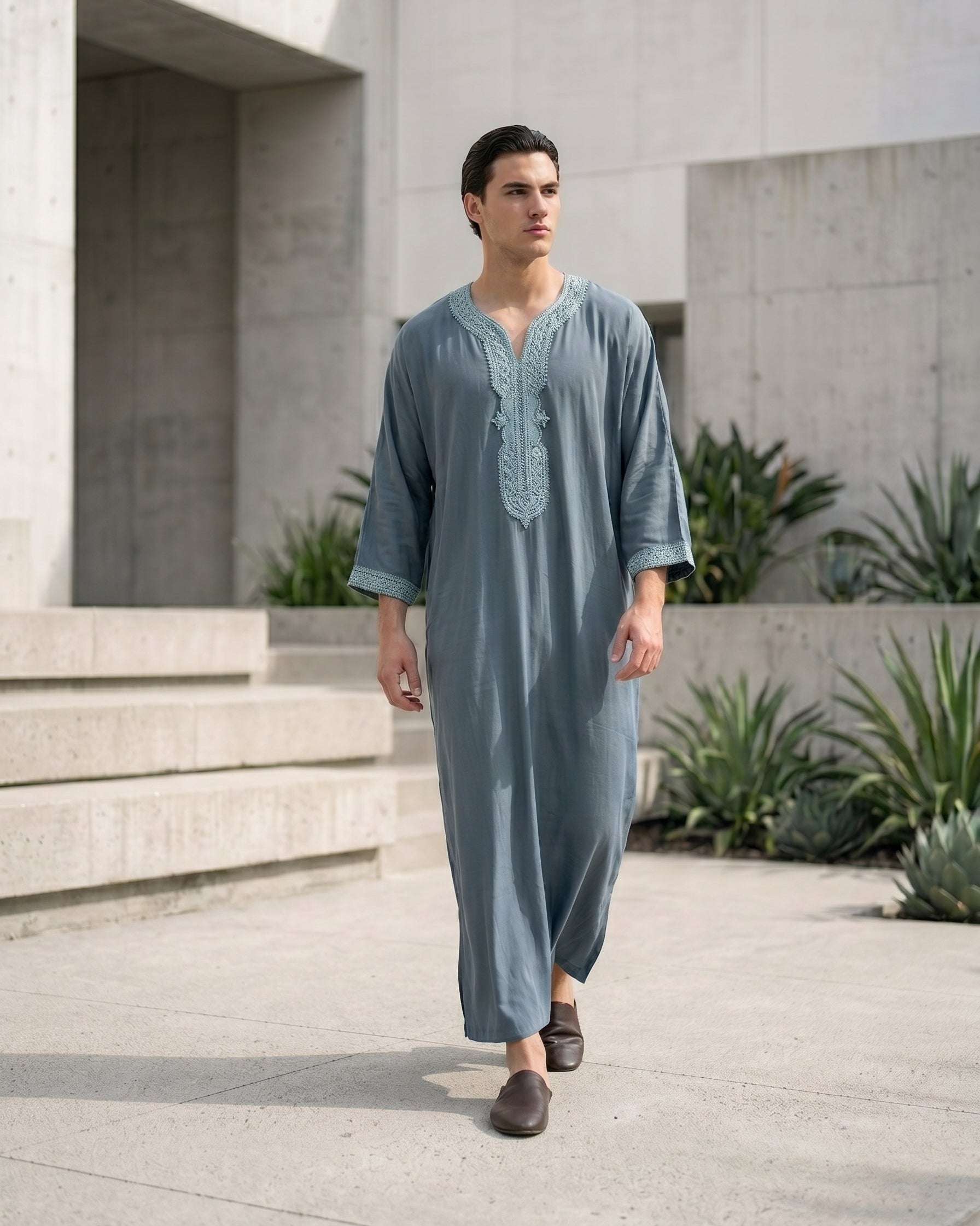Slate blue Moroccan gandora with three-quarter sleeves for men, full front view