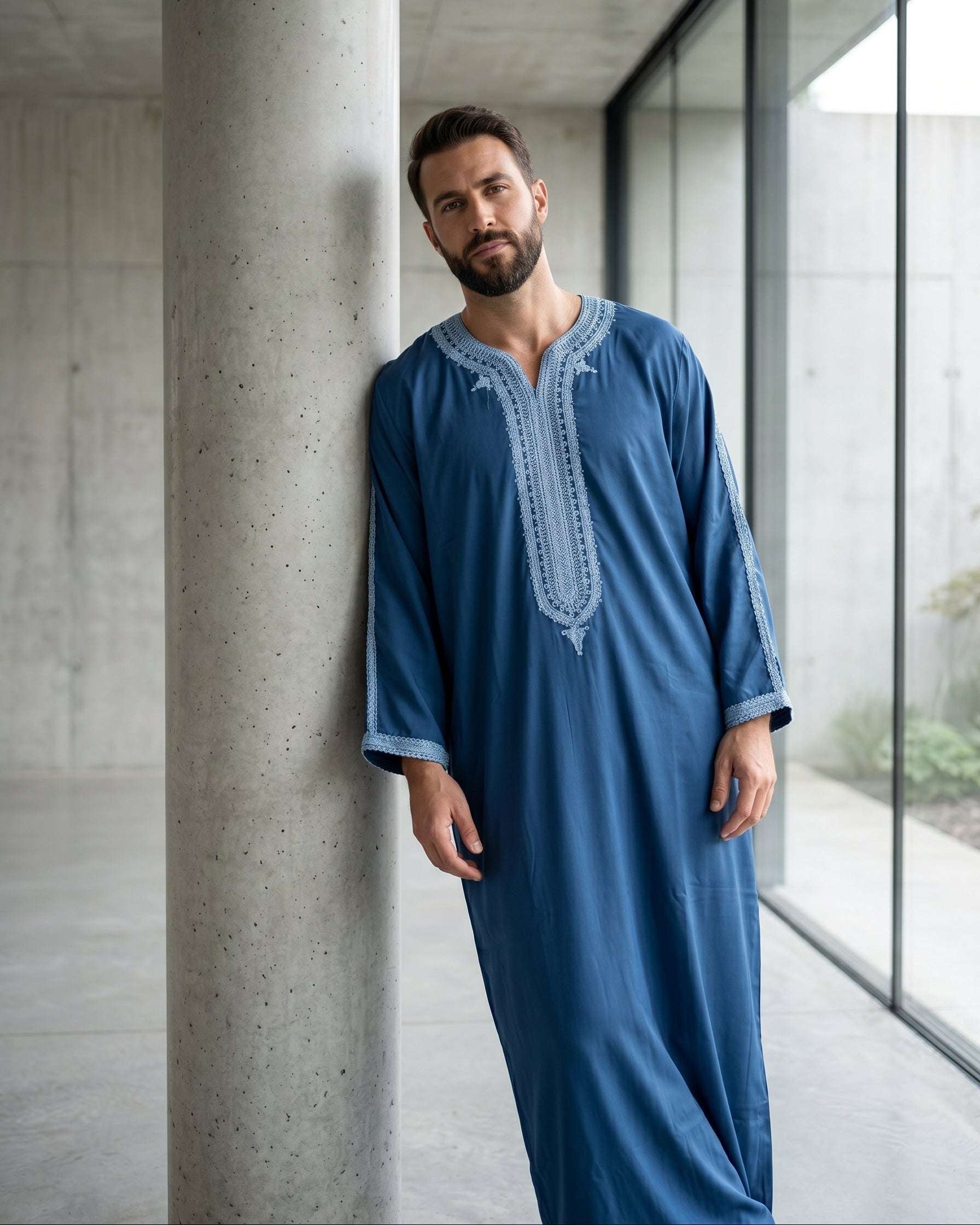 Slate blue Moroccan thobe with silver embroidery for men, close-up of the embroidered detailing