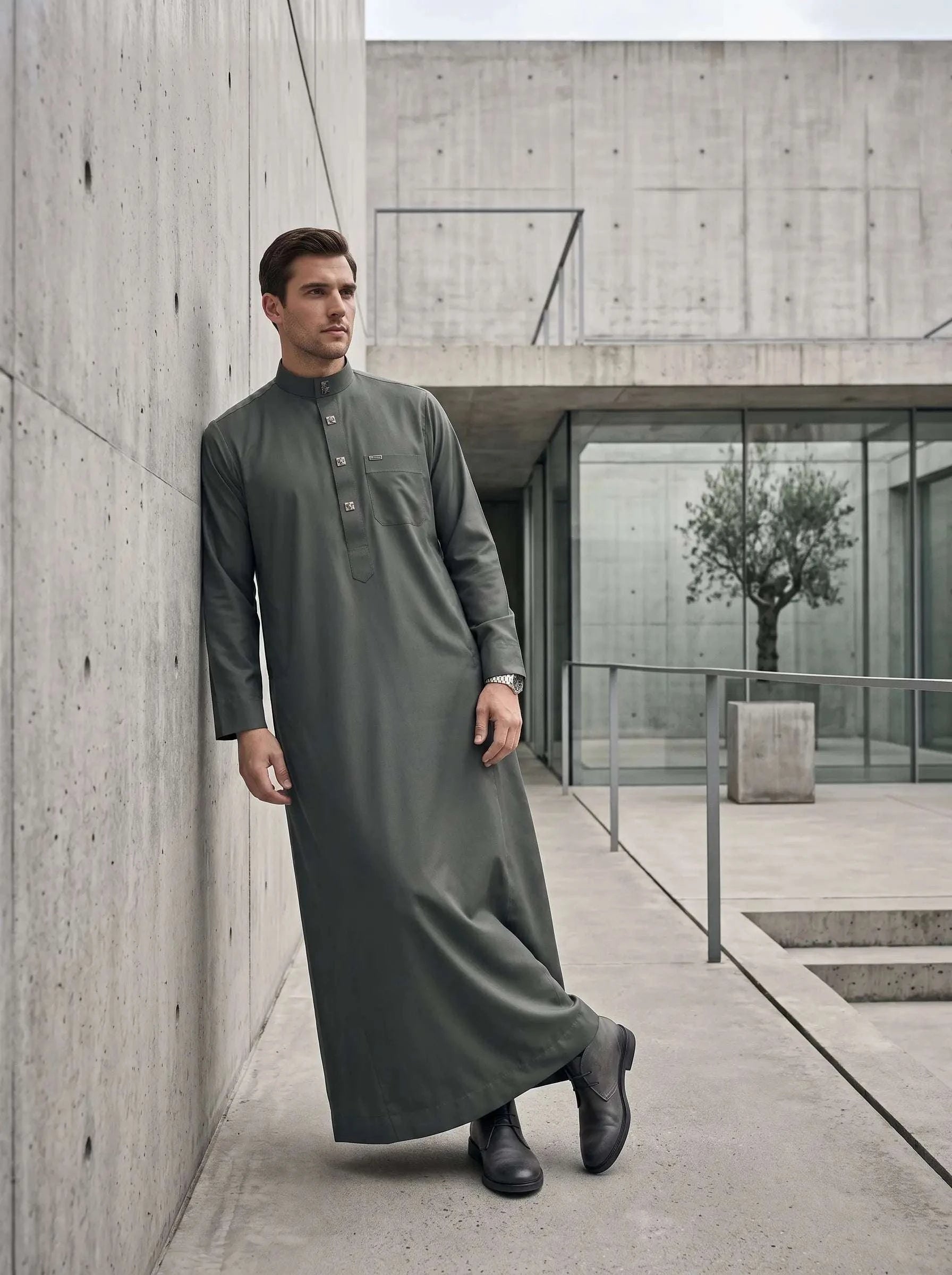 Slate grey minimalist thobe for men, close-up of the collar and buttons