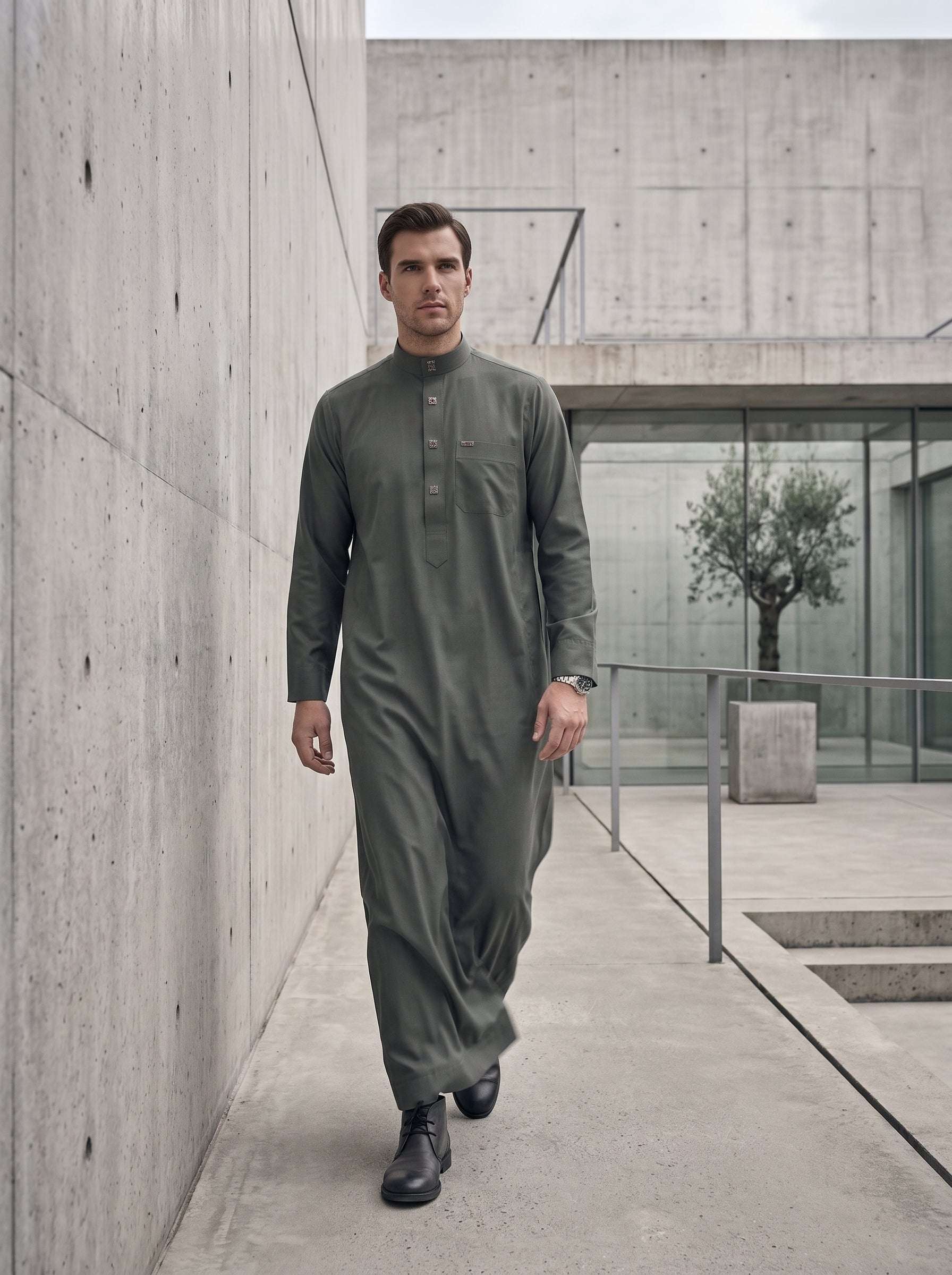 Slate grey minimalist thobe for men, full front view