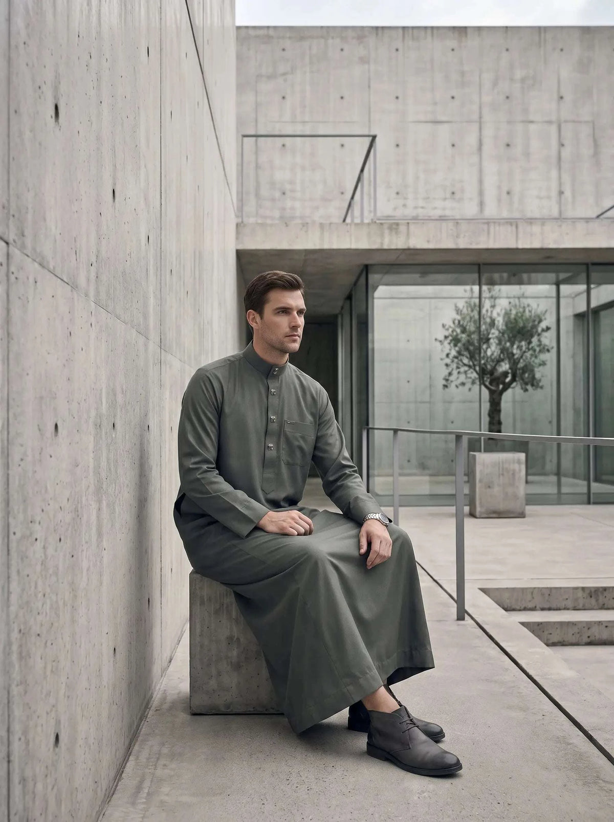 Slate grey minimalist thobe for men, shown from the front