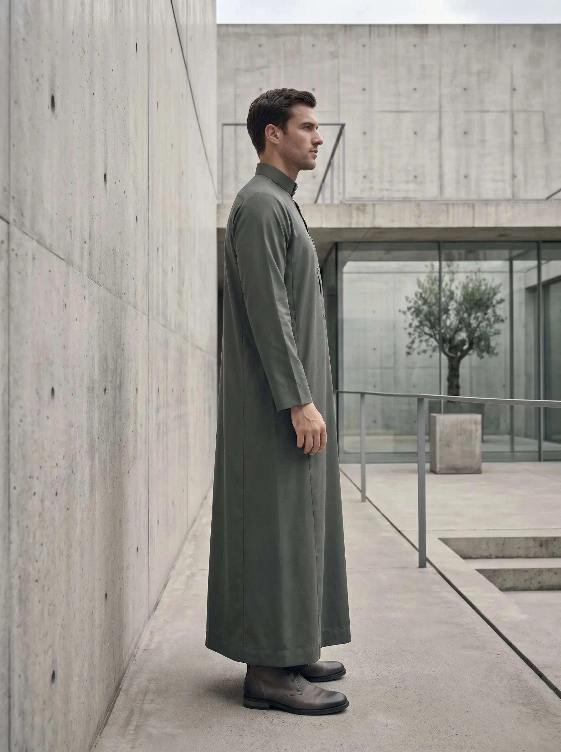 Slate grey minimalist thobe for men, side profile view