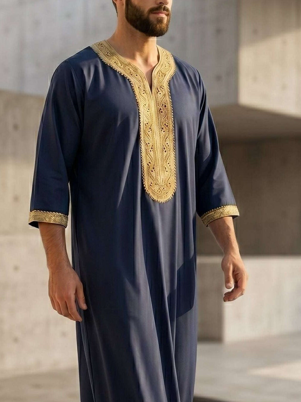 Navy blue Moroccan gandora with gold embroidery for men, full front view