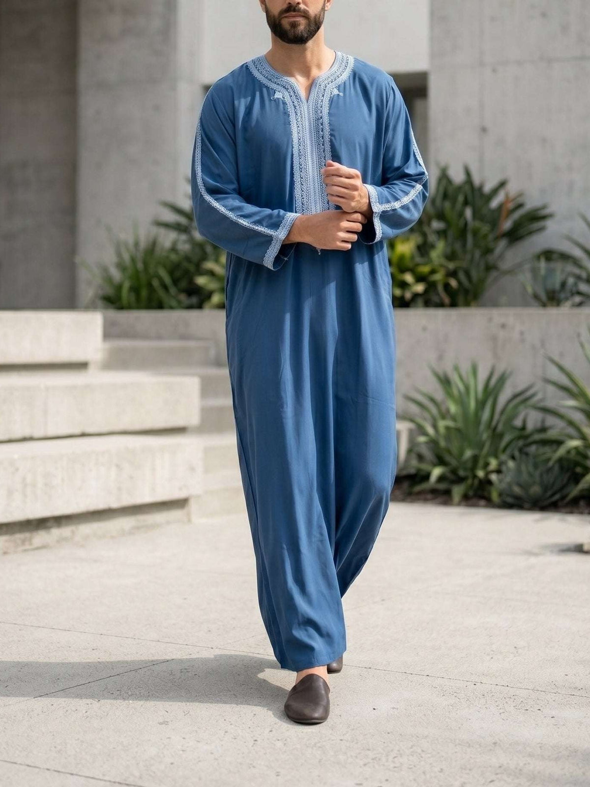 Slate blue Moroccan gandora with silver embroidery for men, full front view