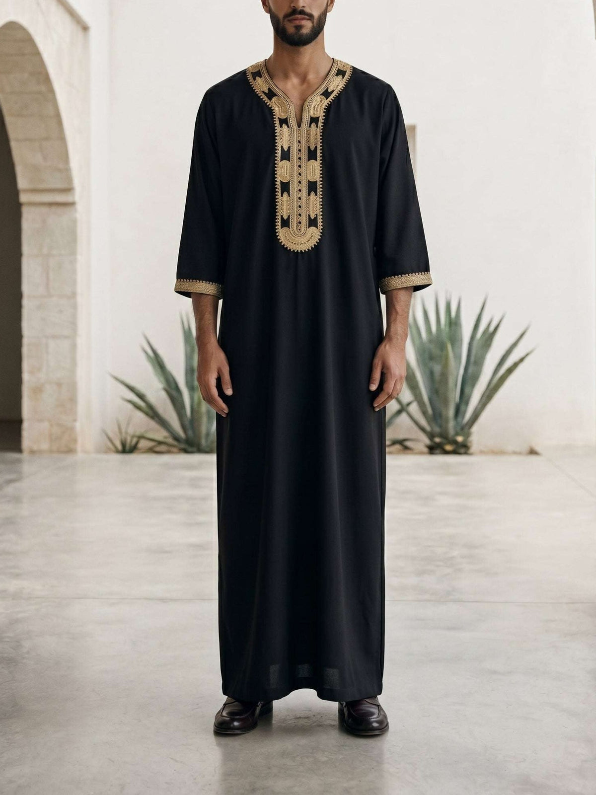 Royal black Moroccan gandora with gold embroidery for men, full front view
