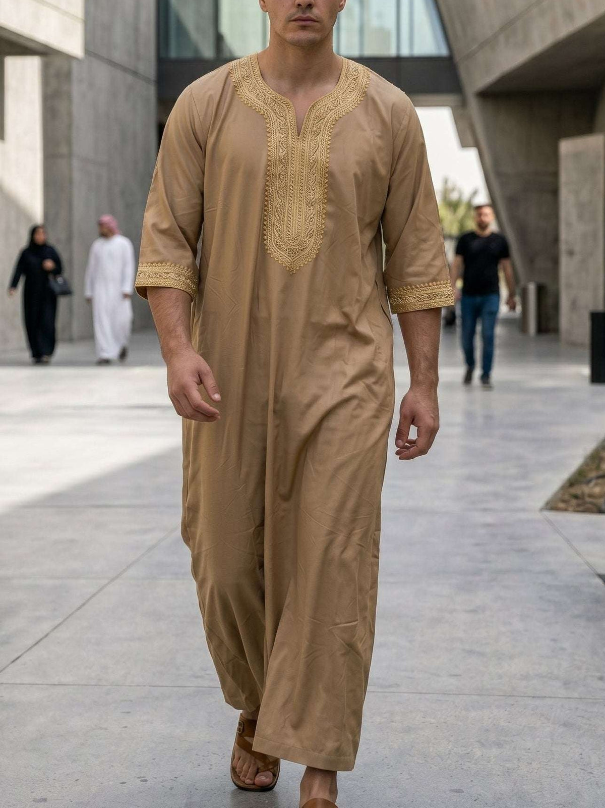 Beige Moroccan gandora with gold embroidery for men, full front view