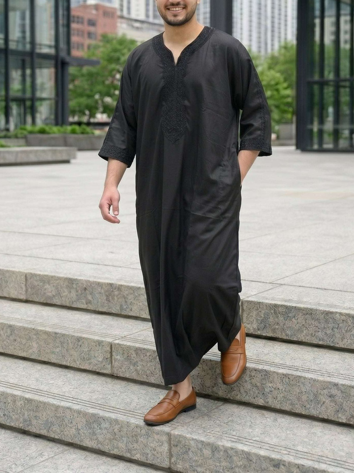 Black tonal Moroccan gandora with 3/4 sleeve for men, full front view