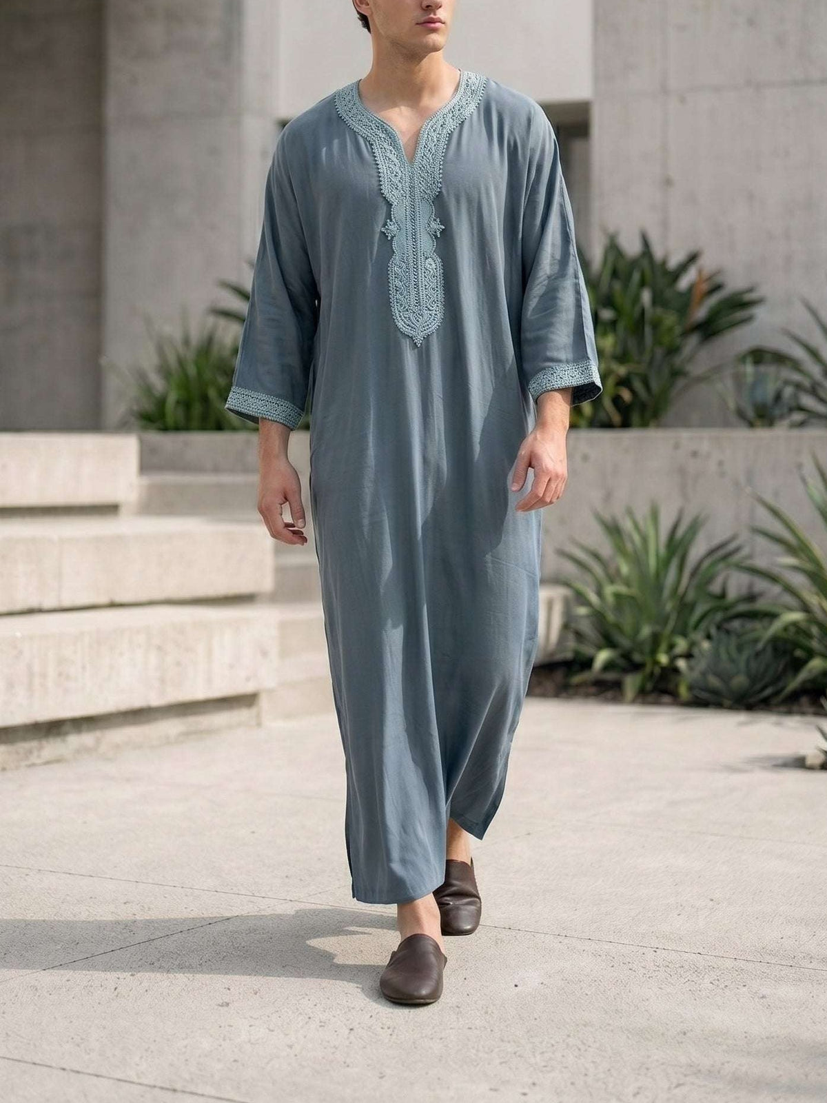 Slate blue Moroccan gandora with 3/4 sleeve for men, full front view