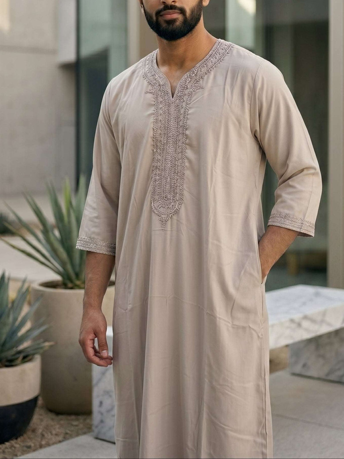 Sand beige Moroccan gandora with 3/4 sleeve for men, full front view