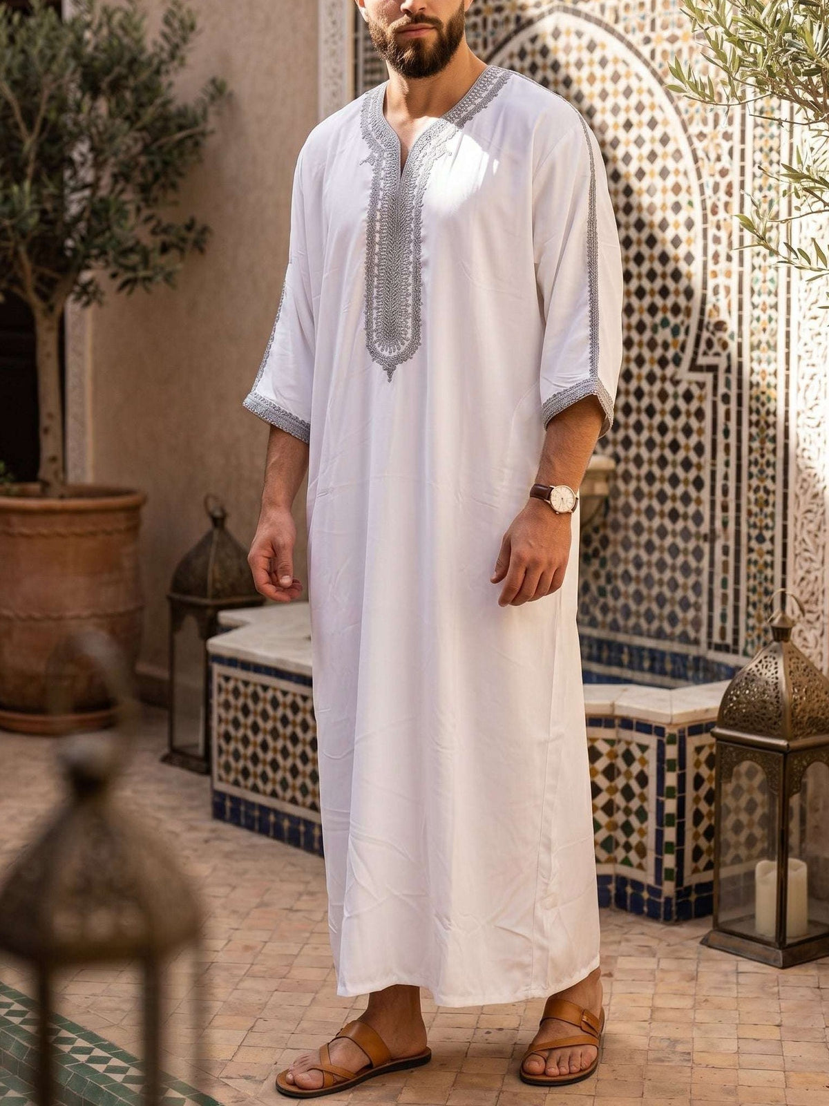 White Moroccan gandora with silver embroidery for men, full front view