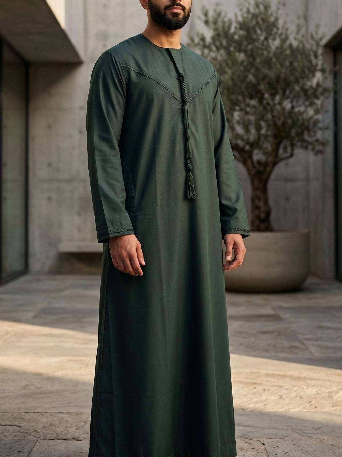 Dark green Emirati thobe for men, full front view